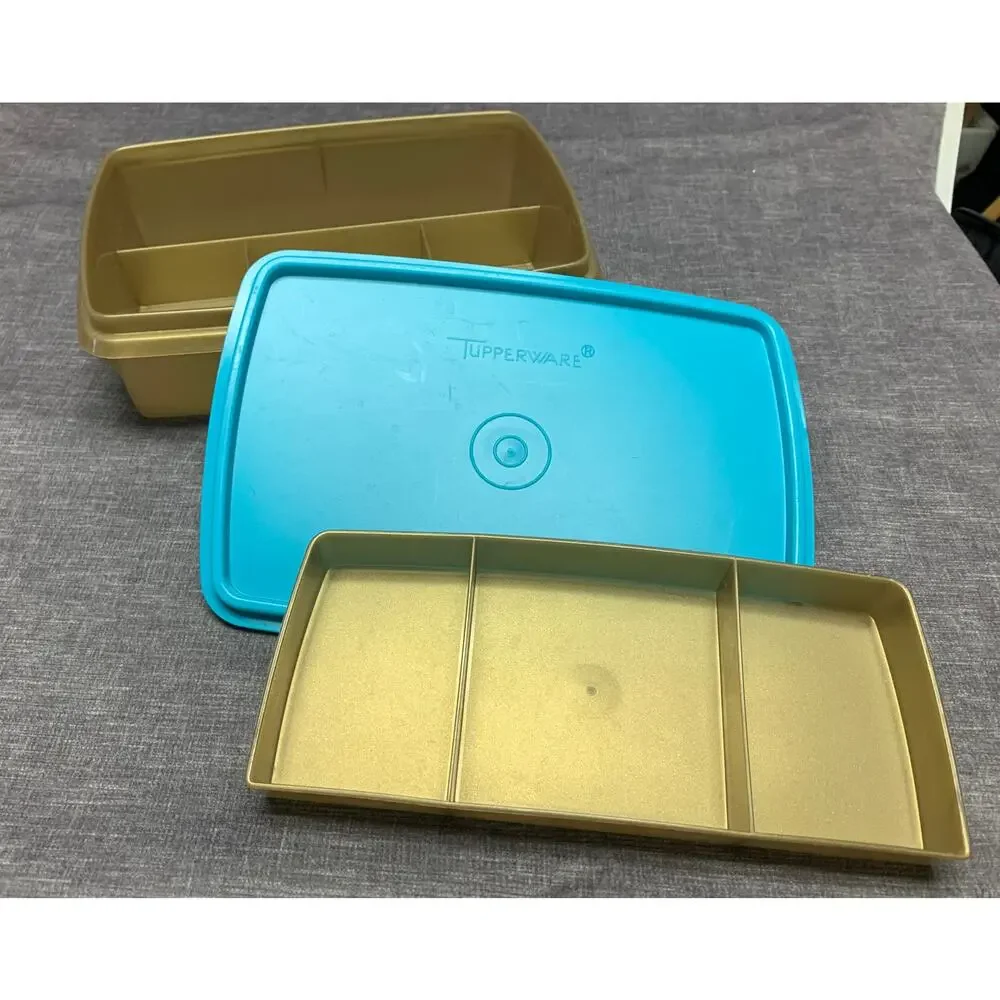 Tupperware Stow-n-Glo Craft Storage Bin Aqua Top Gold Bottom 769 Top 767 Bottom